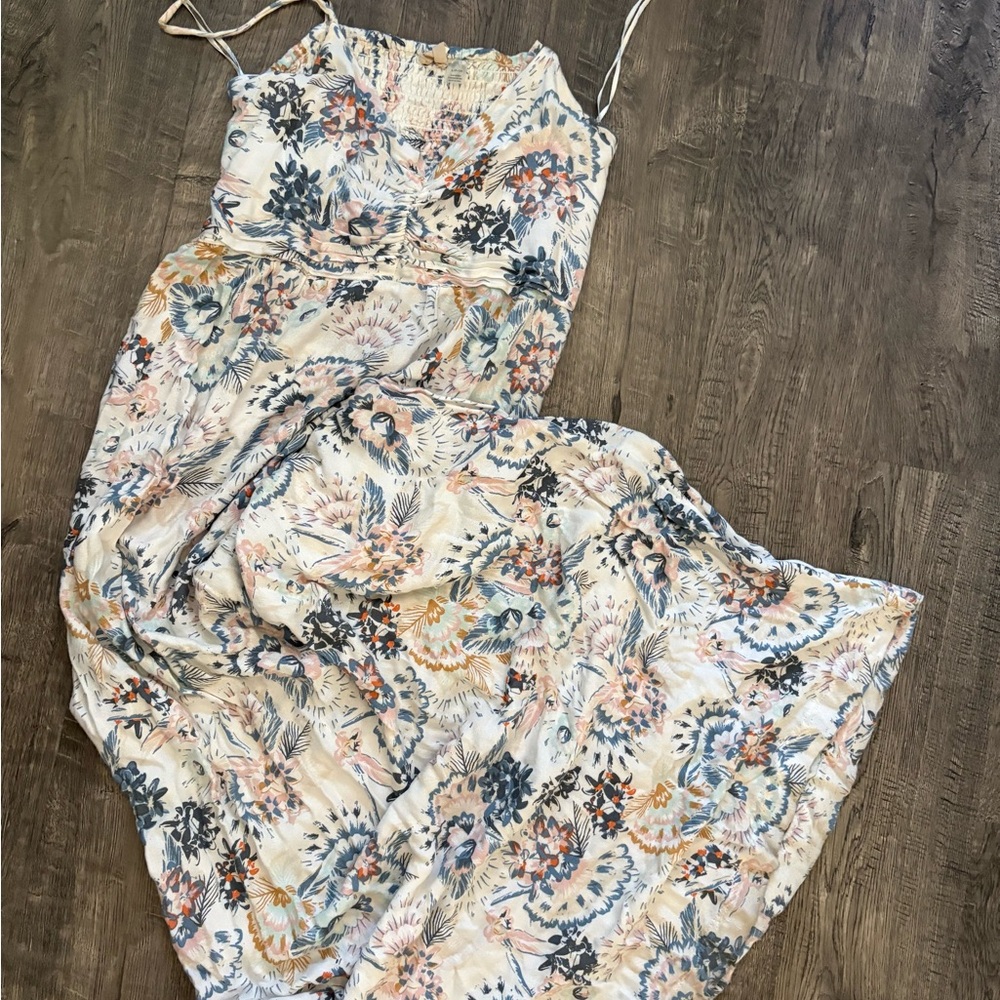 Roxy Cream Floral Maxi Dress with Blue and Peach Accents